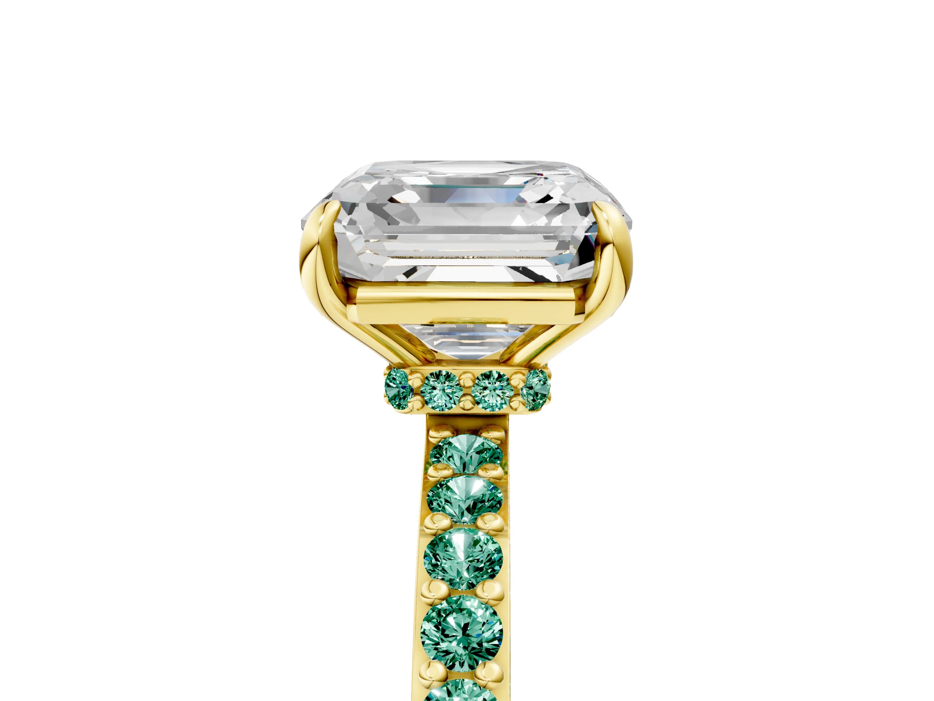 Yellow gold Asscher Cut Diamond Pavé Engagement Ring with Round with Green Sapphire side stone Accents and Prong Setting_5