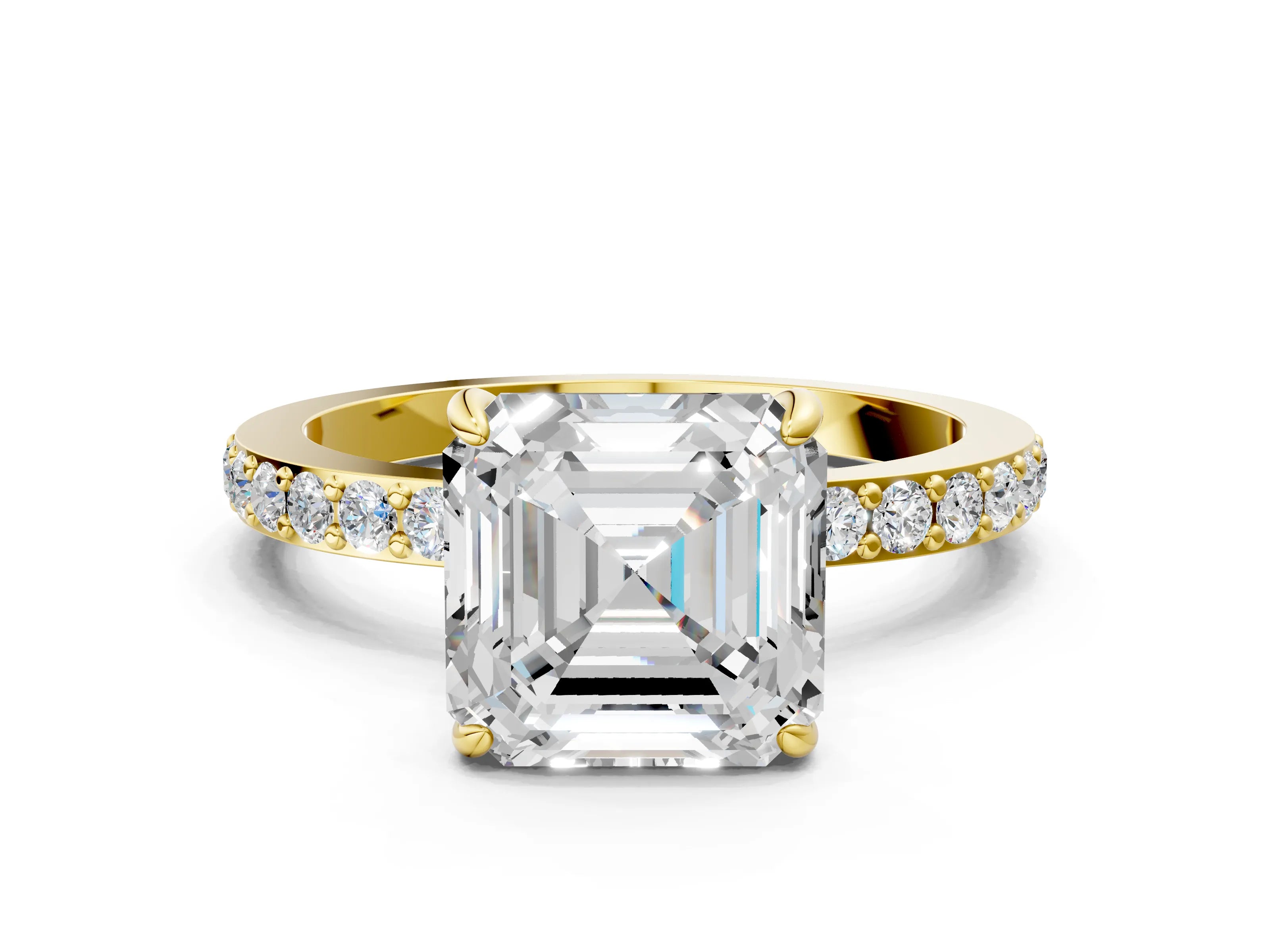 Yellow gold Asscher Cut Diamond Pavé Engagement Ring with Round with Moissanite side stone Accents and Prong Setting
