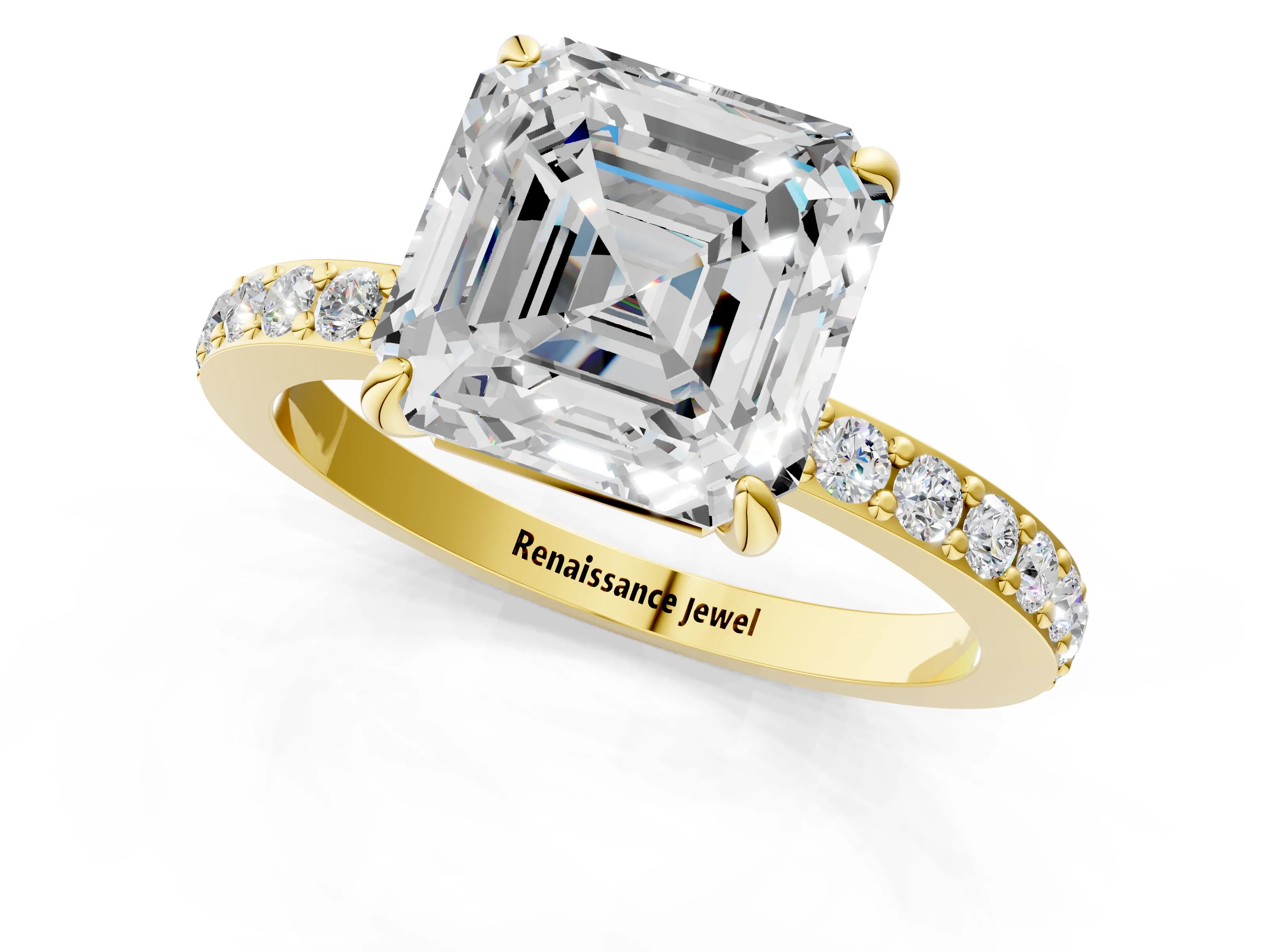 Yellow gold Asscher Cut Diamond Pavé Engagement Ring with Round with Moissanite side stone Accents and Prong Setting_1