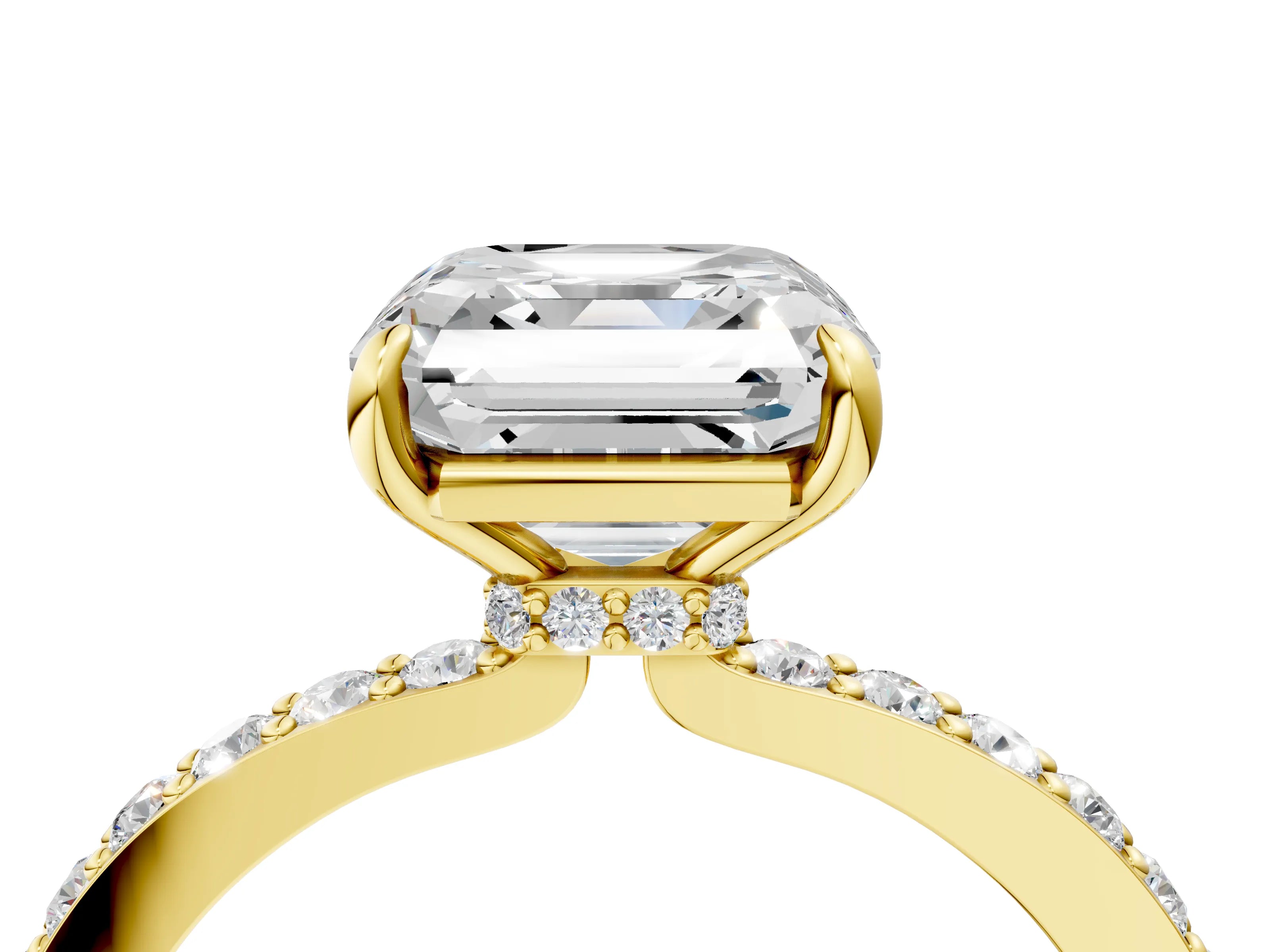 Yellow gold Asscher Cut Diamond Pavé Engagement Ring with Round with Moissanite side stone Accents and Prong Setting_4