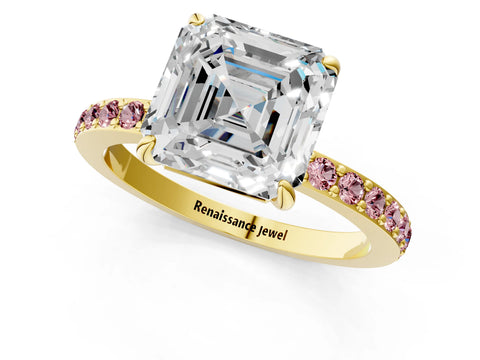 Yellow gold Asscher Cut Diamond Pavé Engagement Ring with Round with Morganite side stone Accents and Prong Setting_1