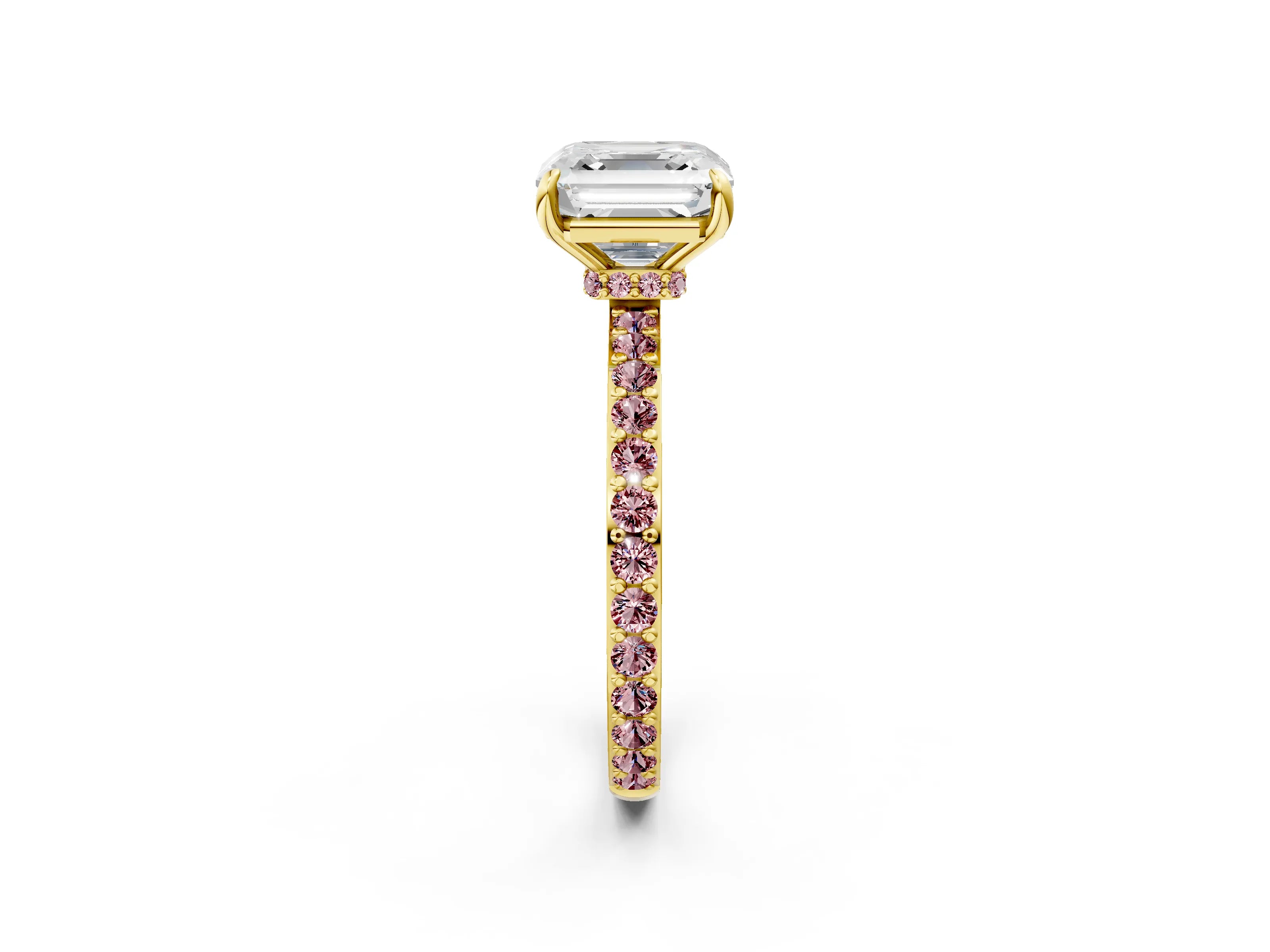 Yellow gold Asscher Cut Diamond Pavé Engagement Ring with Round with Morganite side stone Accents and Prong Setting_2