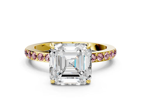Yellow gold Asscher Cut Diamond Pavé Engagement Ring with Round with Morganite side stone Accents and Prong Setting