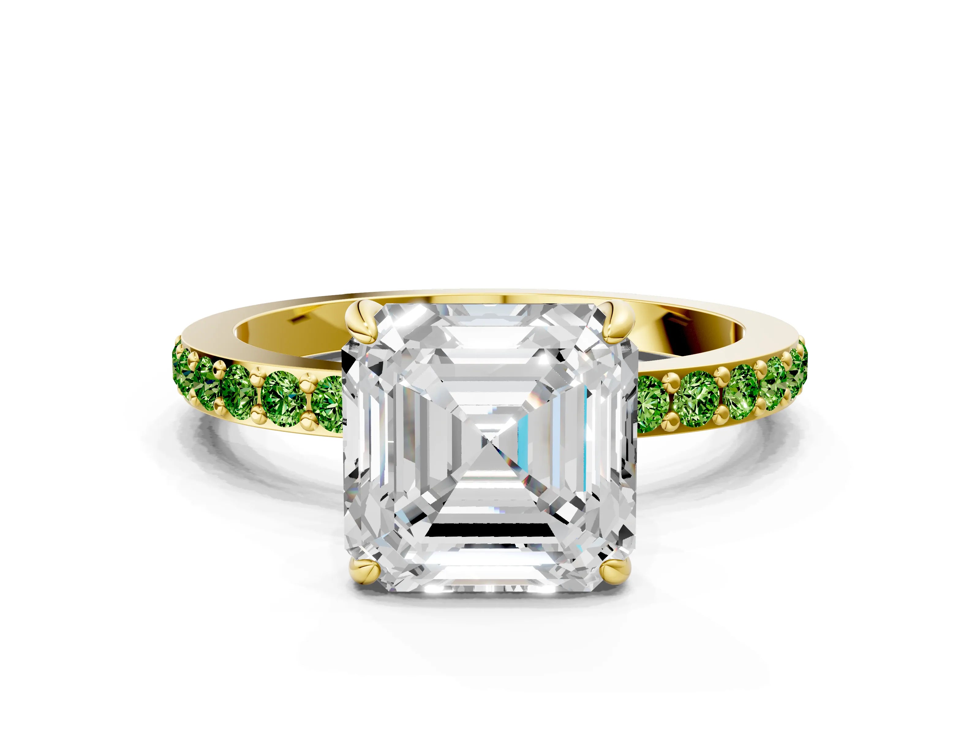 Yellow gold Asscher Cut Diamond Pavé Engagement Ring with Round with Peridot side stone Accents and Prong Setting