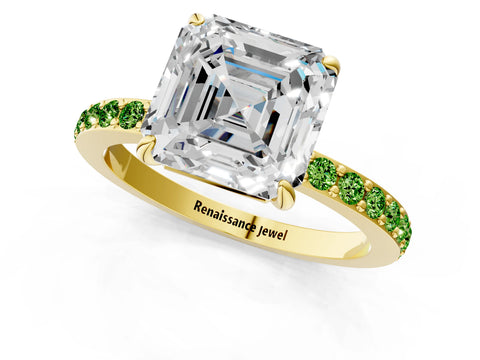 Yellow gold Asscher Cut Diamond Pavé Engagement Ring with Round with Peridot side stone Accents and Prong Setting_1