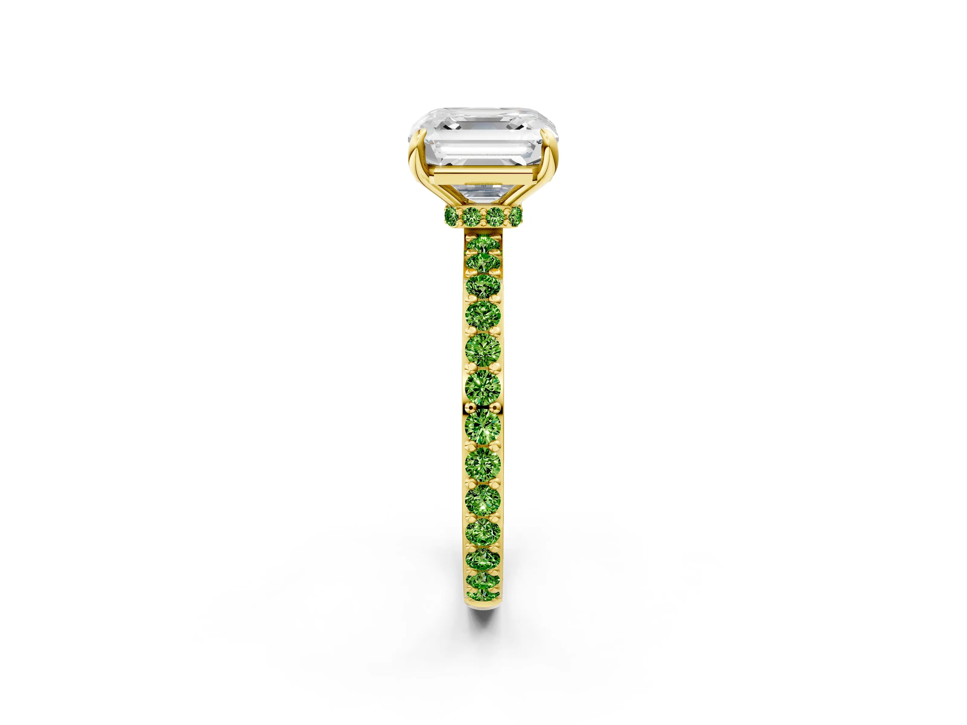 Yellow gold Asscher Cut Diamond Pavé Engagement Ring with Round with Peridot side stone Accents and Prong Setting_2