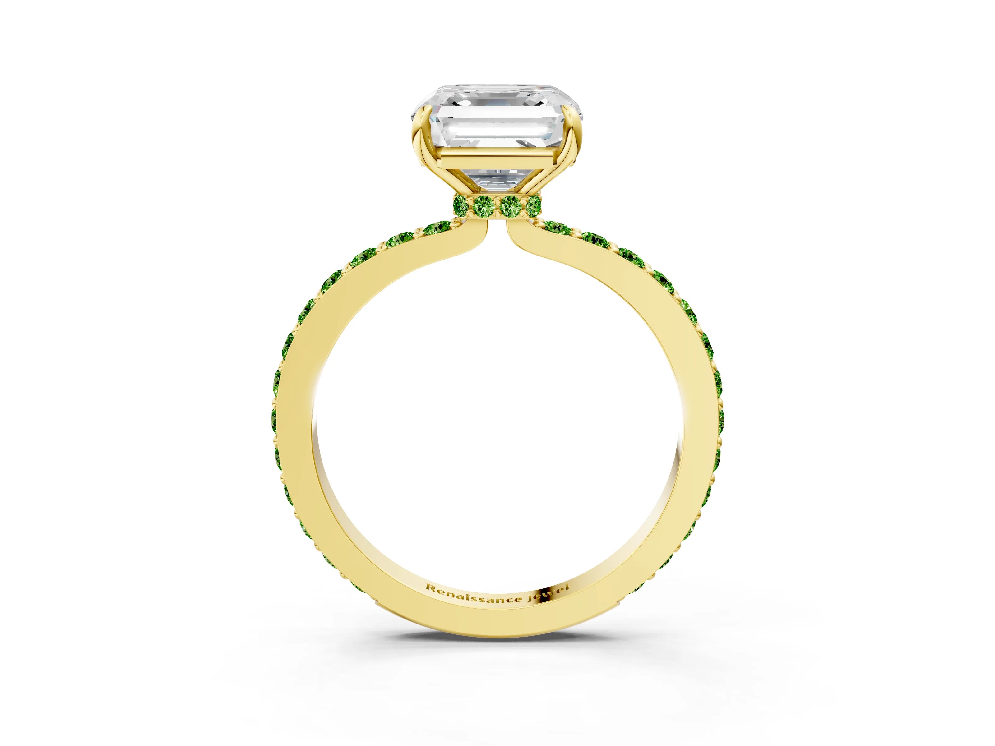 Yellow gold Asscher Cut Diamond Pavé Engagement Ring with Round with Peridot side stone Accents and Prong Setting_3