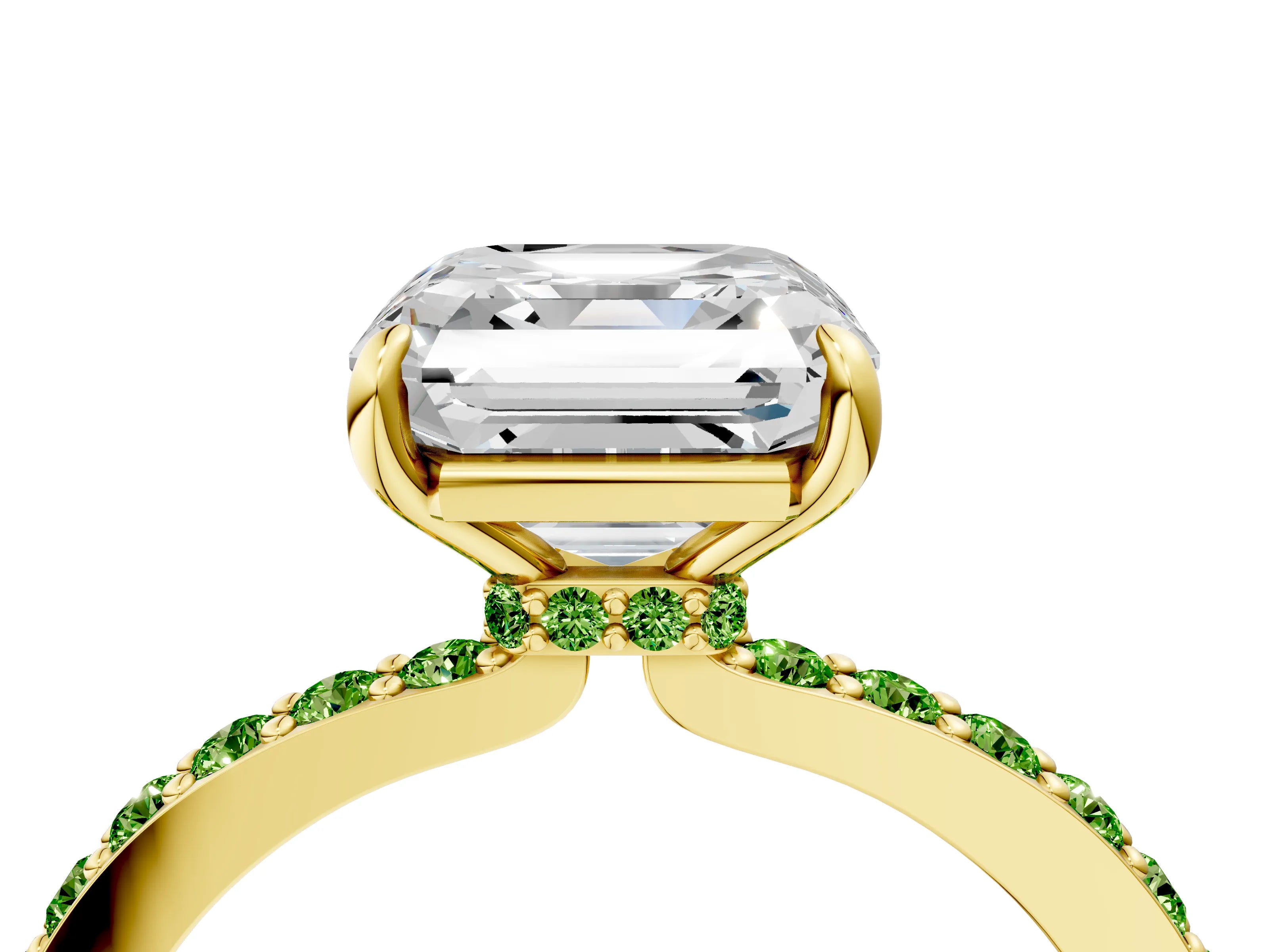 Yellow gold Asscher Cut Diamond Pavé Engagement Ring with Round with Peridot side stone Accents and Prong Setting_4