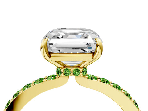 Yellow gold Asscher Cut Diamond Pavé Engagement Ring with Round with Peridot side stone Accents and Prong Setting_4