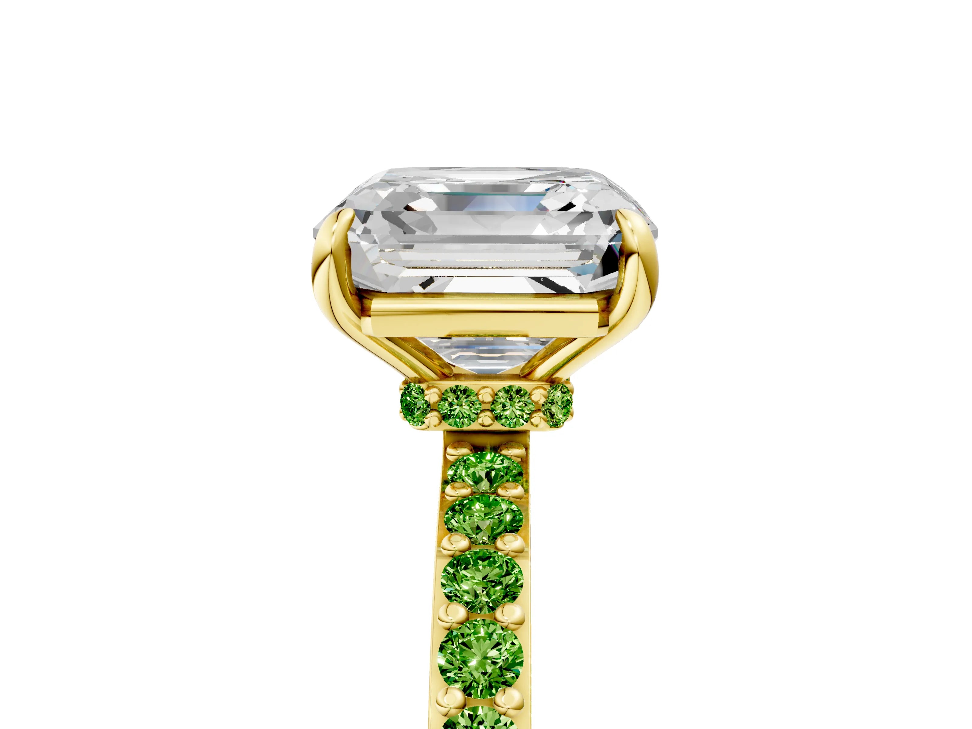 Yellow gold Asscher Cut Diamond Pavé Engagement Ring with Round with Peridot side stone Accents and Prong Setting_5