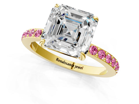Yellow gold Asscher Cut Diamond Pavé Engagement Ring with Round with Pink Sapphire side stone Accents and Prong Setting_1