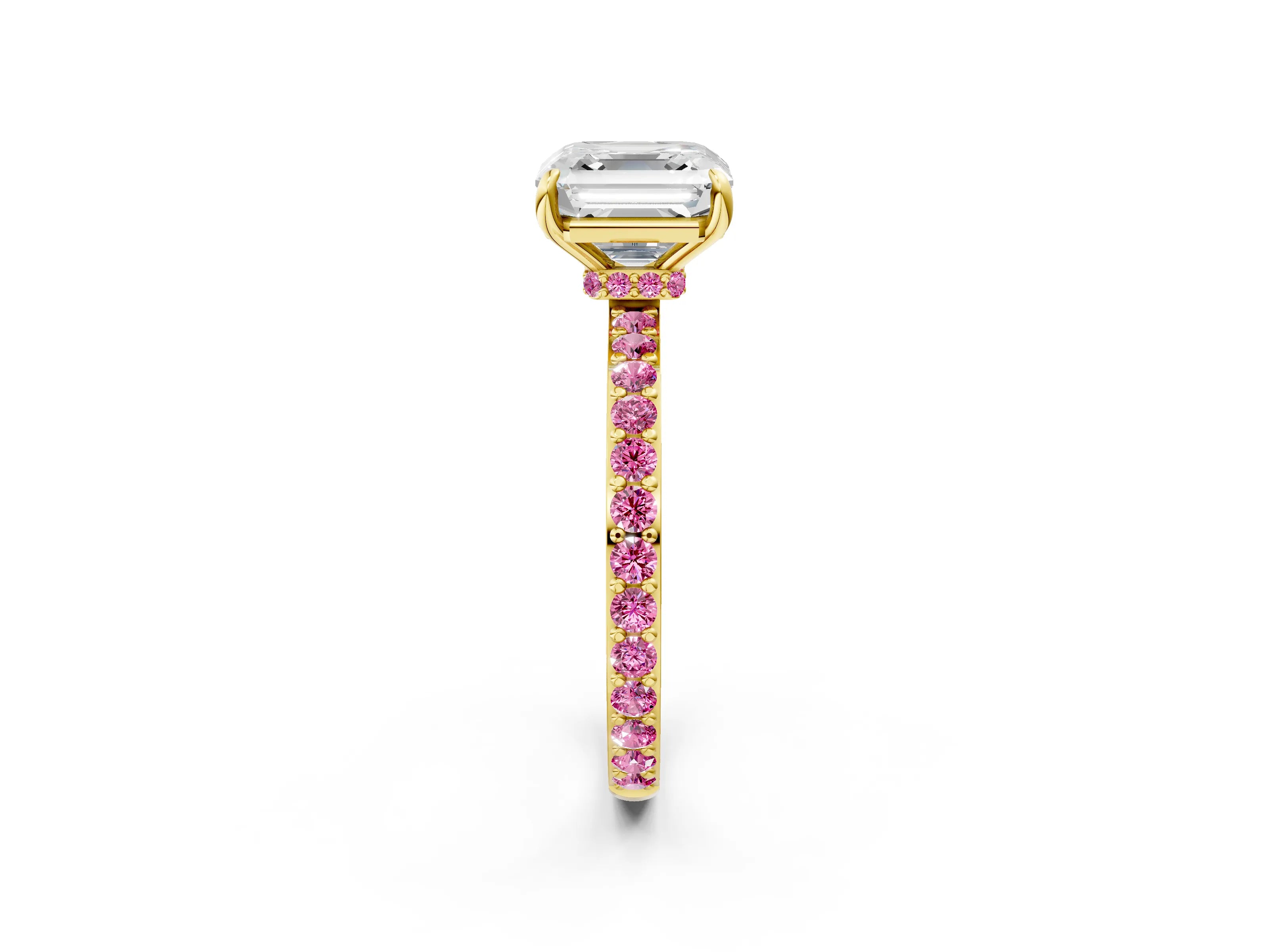 Yellow gold Asscher Cut Diamond Pavé Engagement Ring with Round with Pink Sapphire side stone Accents and Prong Setting_2