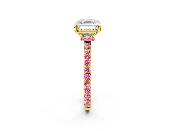 Yellow Gold Asscher Cut Hidden Halo Engagement Ring Setting with Lab-Grown Pink Sapphire Pave Band
