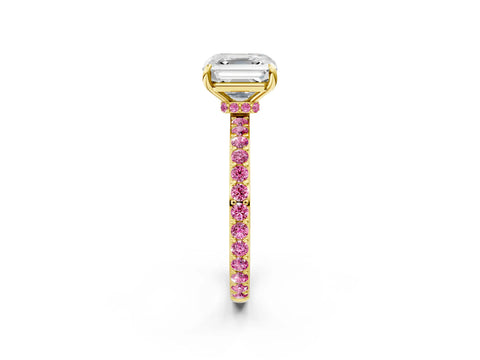 Yellow gold Asscher Cut Diamond Pavé Engagement Ring with Round with Pink Sapphire side stone Accents and Prong Setting_2