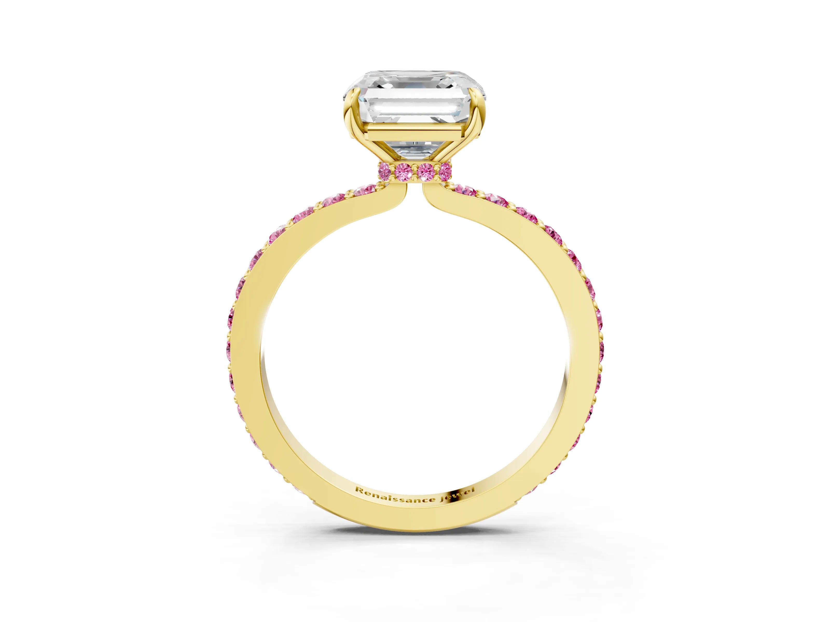 Yellow gold Asscher Cut Diamond Pavé Engagement Ring with Round with Pink Sapphire side stone Accents and Prong Setting_3