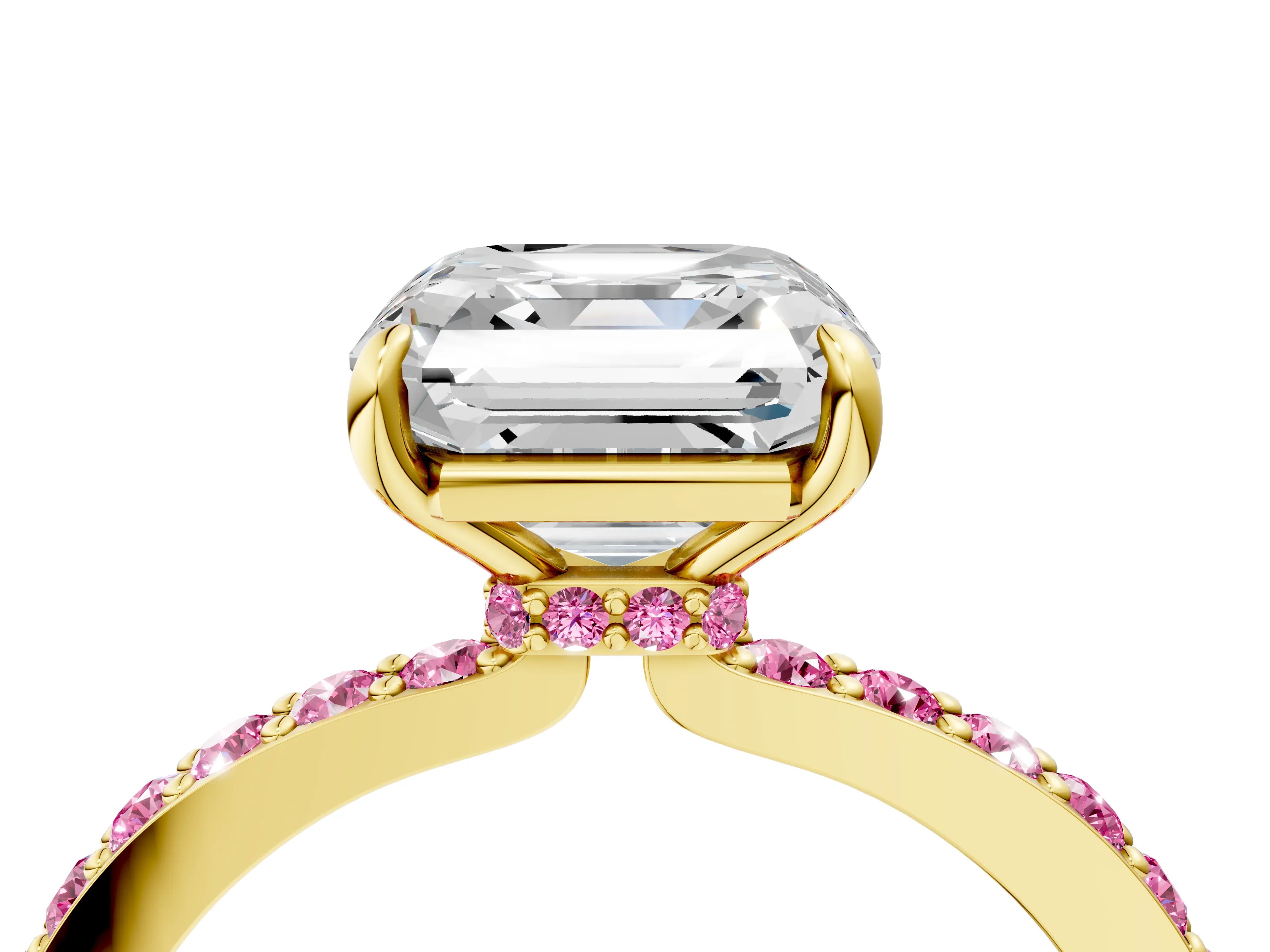 Yellow gold Asscher Cut Diamond Pavé Engagement Ring with Round with Pink Sapphire side stone Accents and Prong Setting_4