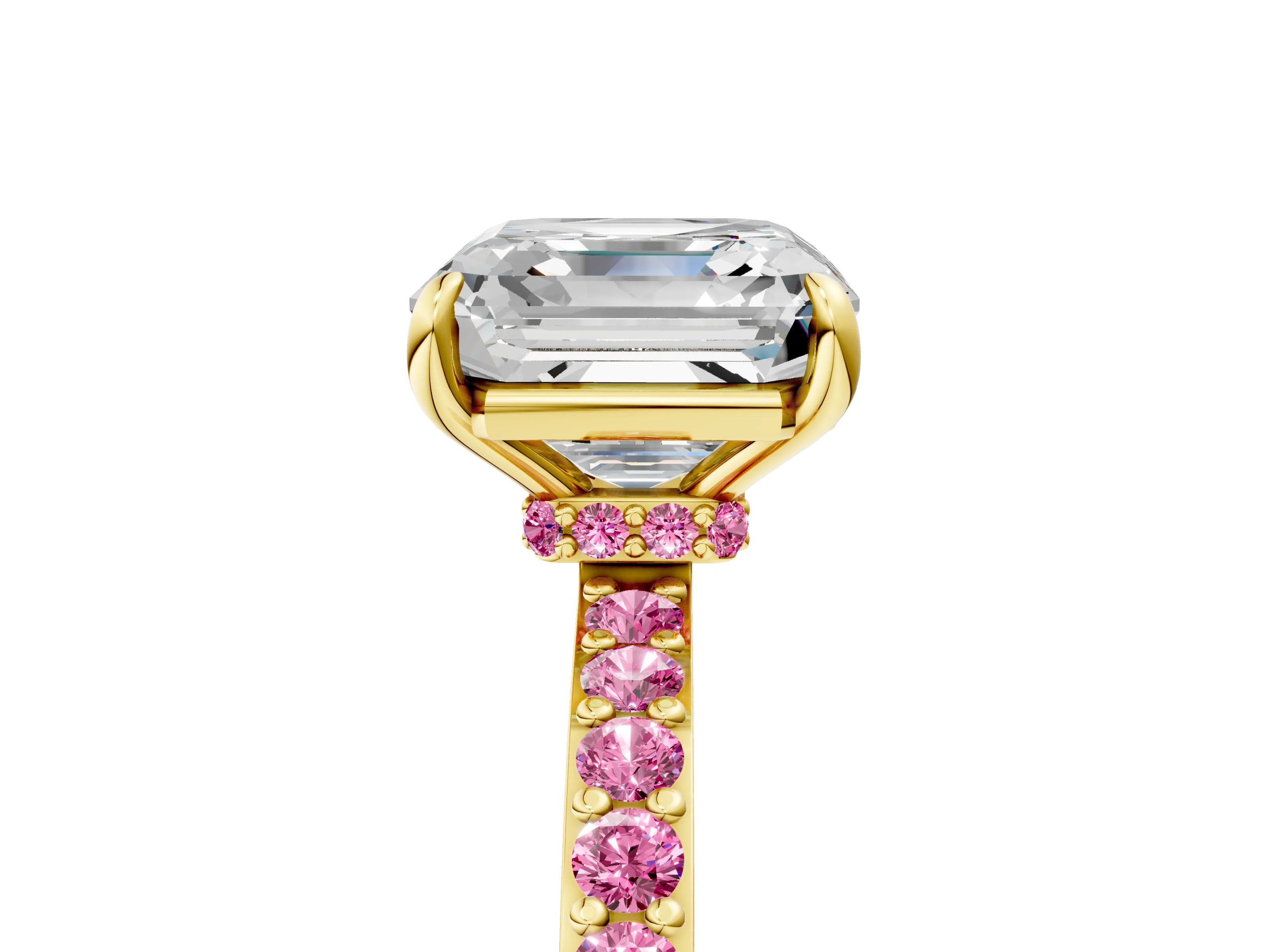 Yellow gold Asscher Cut Diamond Pavé Engagement Ring with Round with Pink Sapphire side stone Accents and Prong Setting_5