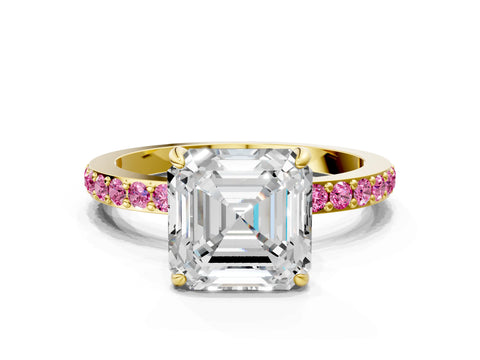Yellow gold Asscher Cut Diamond Pavé Engagement Ring with Round with Pink Sapphire side stone Accents and Prong Setting
