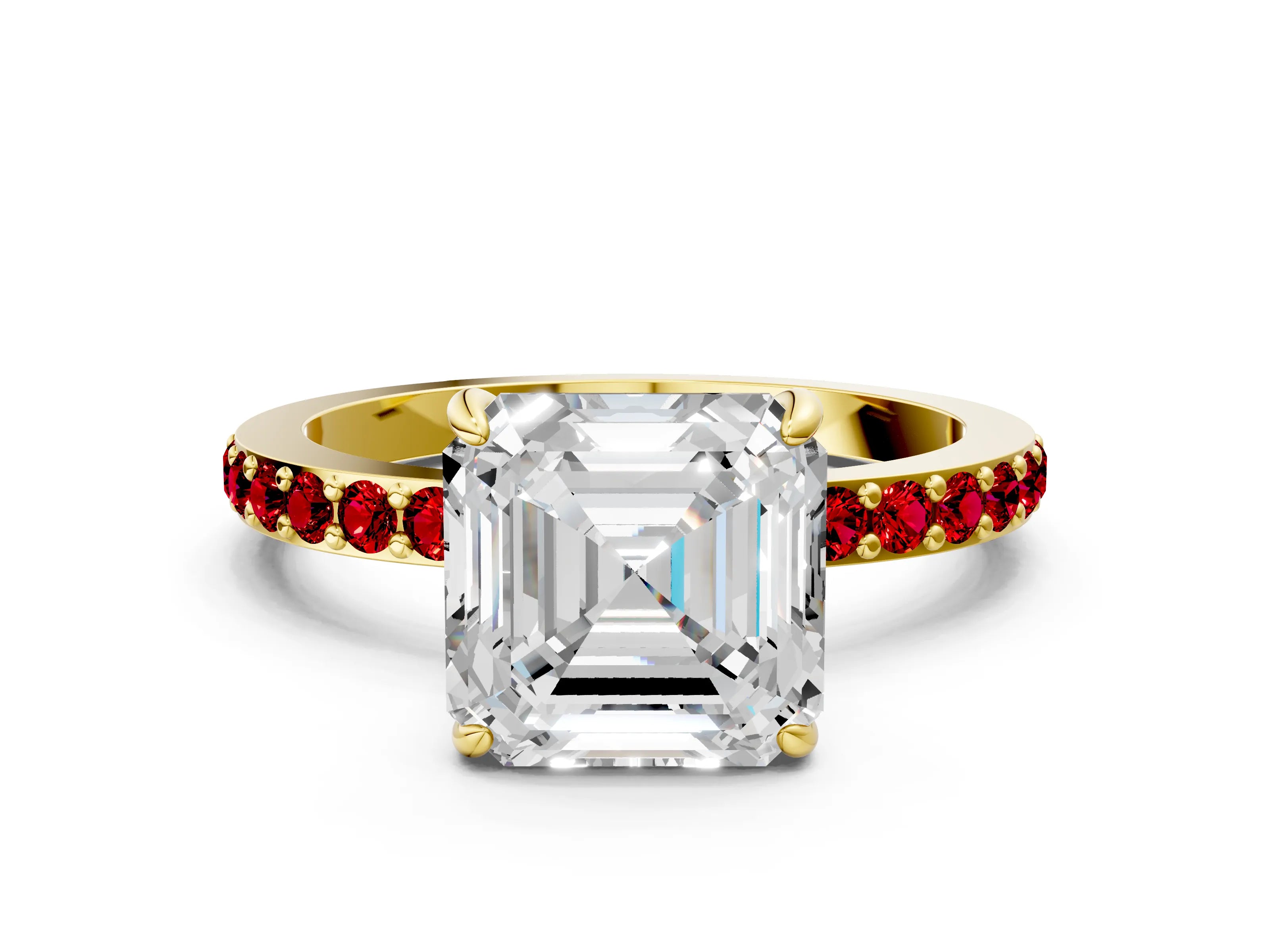 Yellow gold Asscher Cut Diamond Pavé Engagement Ring with Round with Ruby side stone Accents and Prong Setting