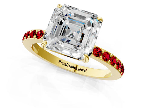Yellow gold Asscher Cut Diamond Pavé Engagement Ring with Round with Ruby side stone Accents and Prong Setting_1