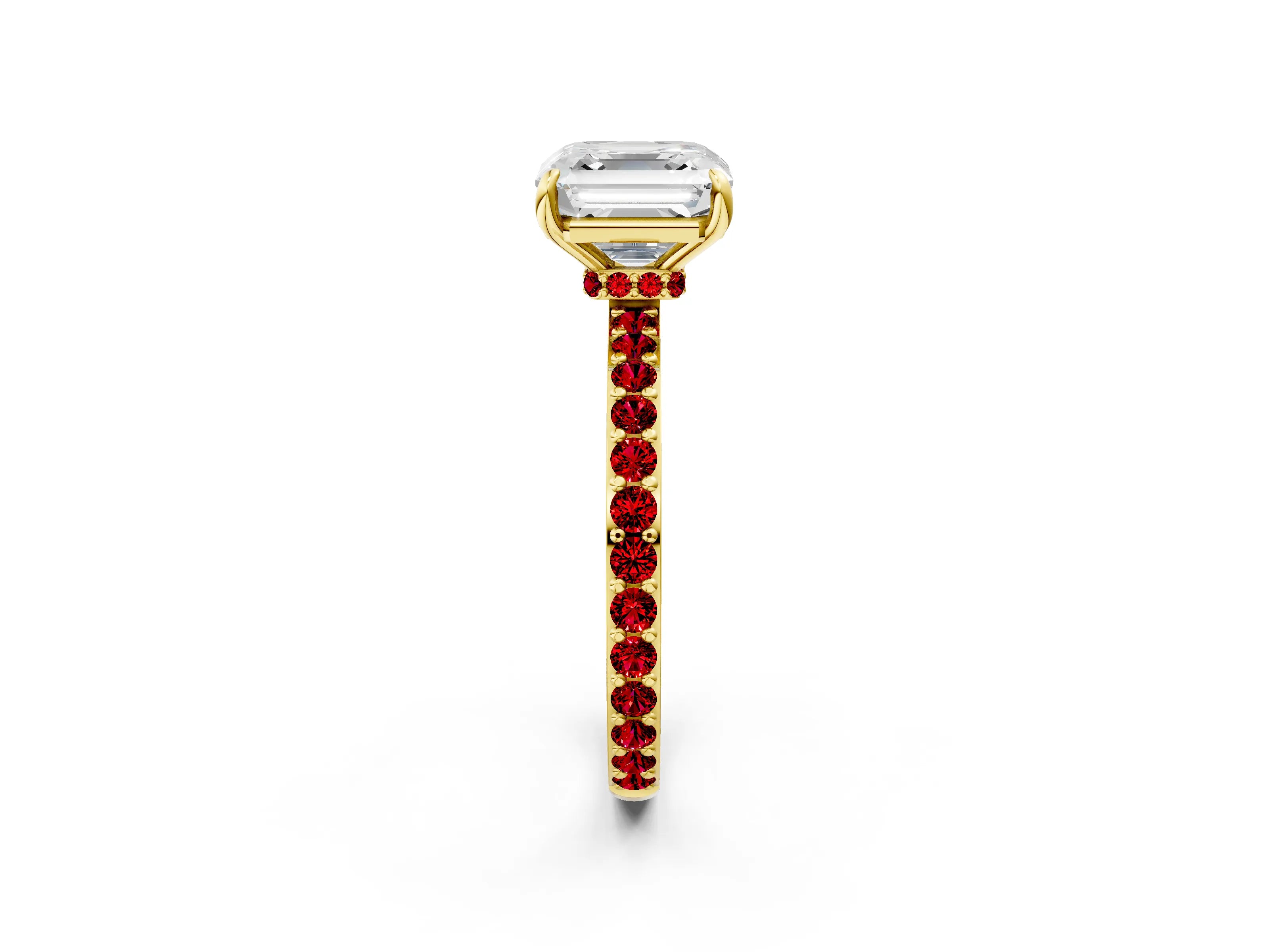 Yellow gold Asscher Cut Diamond Pavé Engagement Ring with Round with Ruby side stone Accents and Prong Setting_2