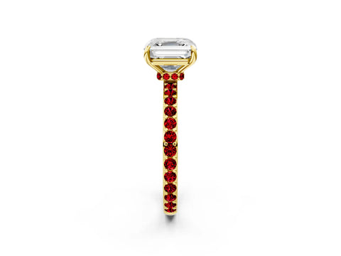 Yellow gold Asscher Cut Diamond Pavé Engagement Ring with Round with Ruby side stone Accents and Prong Setting_2