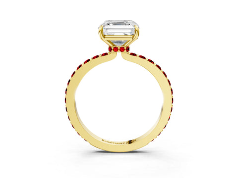 Yellow gold Asscher Cut Diamond Pavé Engagement Ring with Round with Ruby side stone Accents and Prong Setting_3