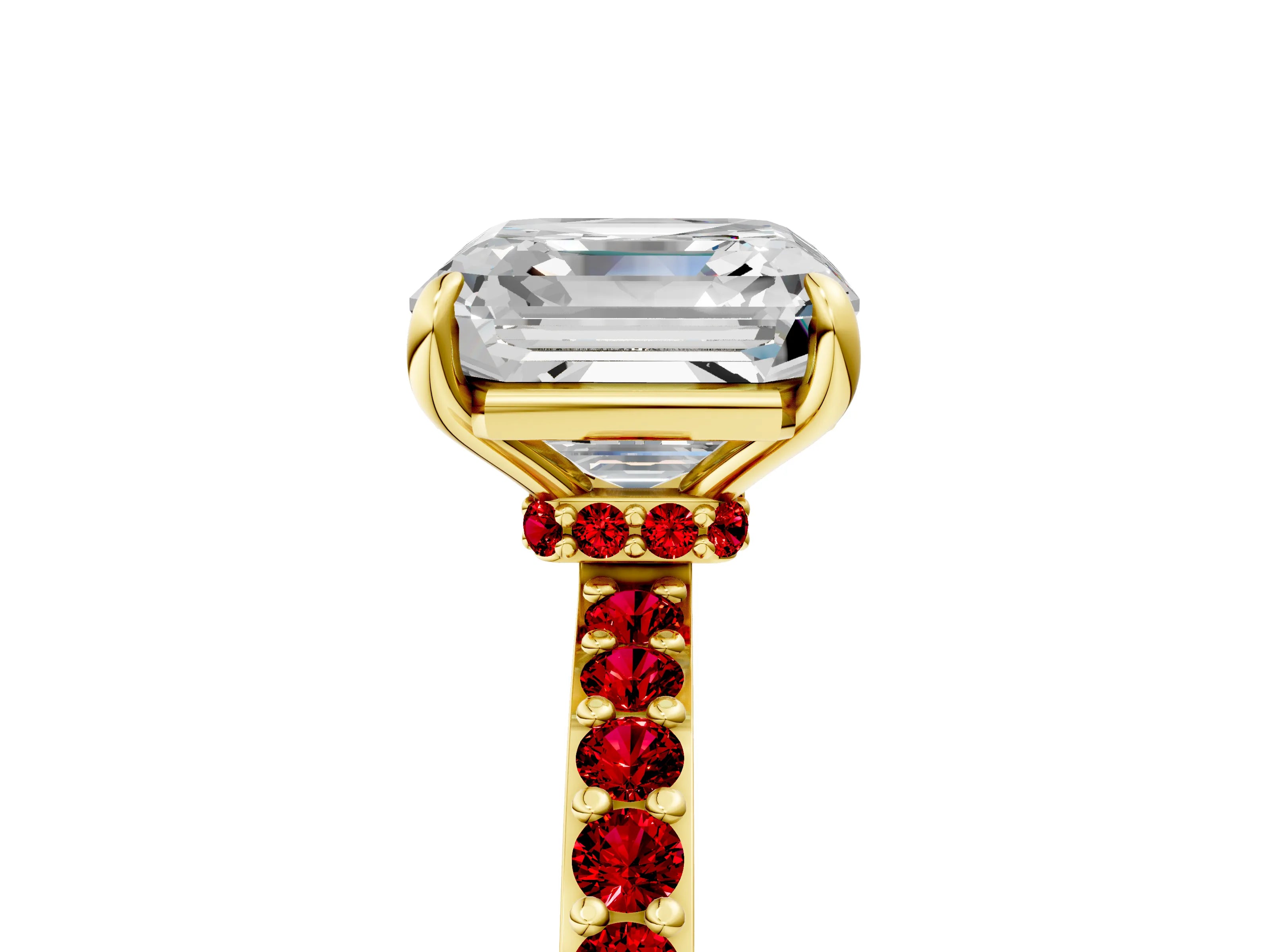Yellow gold Asscher Cut Diamond Pavé Engagement Ring with Round with Ruby side stone Accents and Prong Setting_5