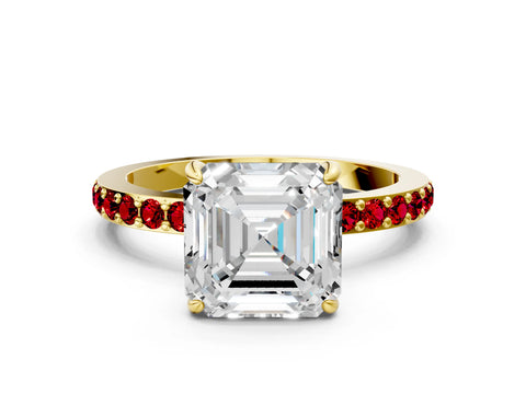 Yellow gold Asscher Cut Diamond Pavé Engagement Ring with Round with Ruby side stone Accents and Prong Setting