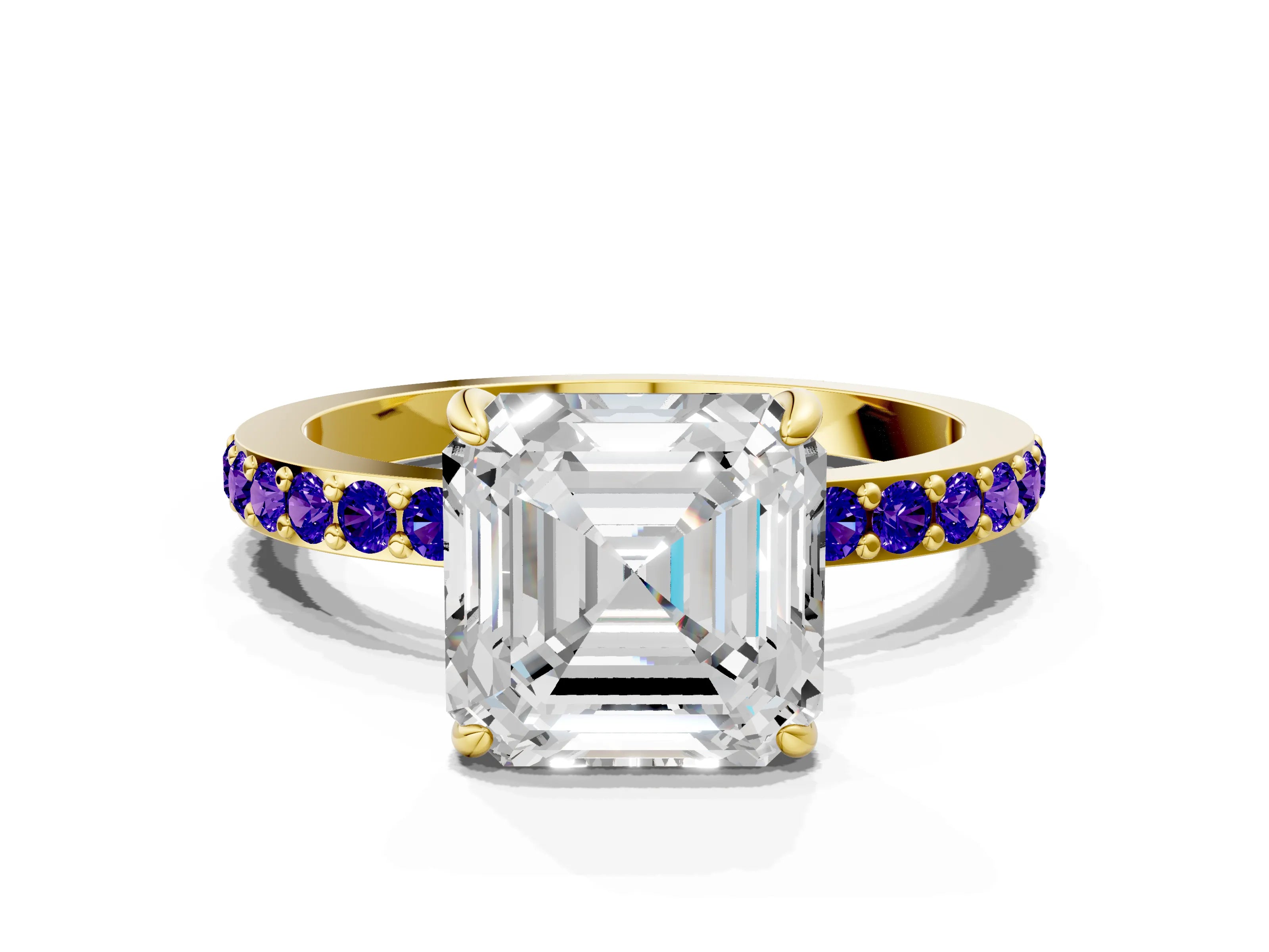 Yellow gold Asscher Cut Diamond Pavé Engagement Ring with Round with Tanzanite side stone Accents and Prong Setting