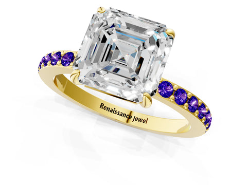 Yellow gold Asscher Cut Diamond Pavé Engagement Ring with Round with Tanzanite side stone Accents and Prong Setting_1