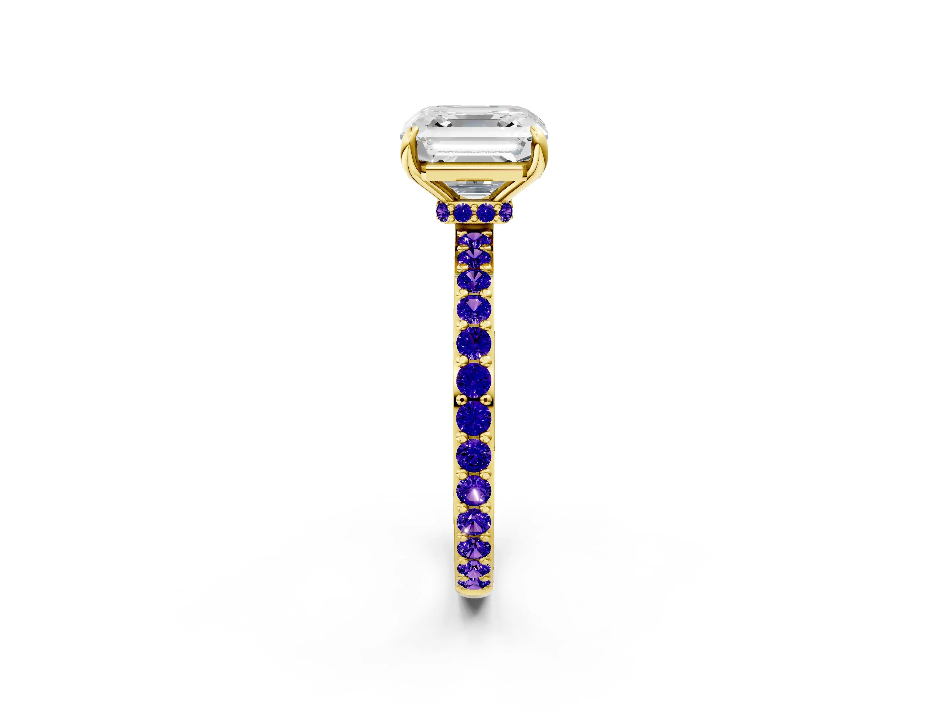 Yellow gold Asscher Cut Diamond Pavé Engagement Ring with Round with Tanzanite side stone Accents and Prong Setting_2