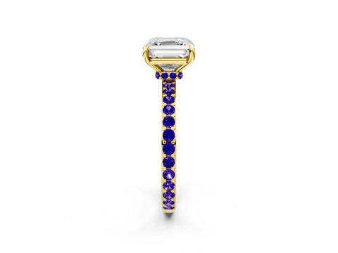 Yellow gold Asscher Cut Diamond Pavé Engagement Ring with Round with Tanzanite side stone Accents and Prong Setting_2