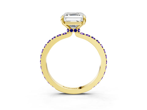 Yellow gold Asscher Cut Diamond Pavé Engagement Ring with Round with Tanzanite side stone Accents and Prong Setting_3