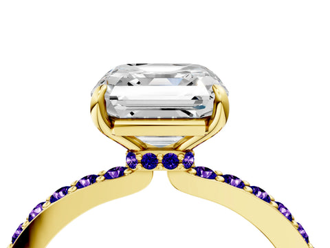 Yellow gold Asscher Cut Diamond Pavé Engagement Ring with Round with Tanzanite side stone Accents and Prong Setting_4