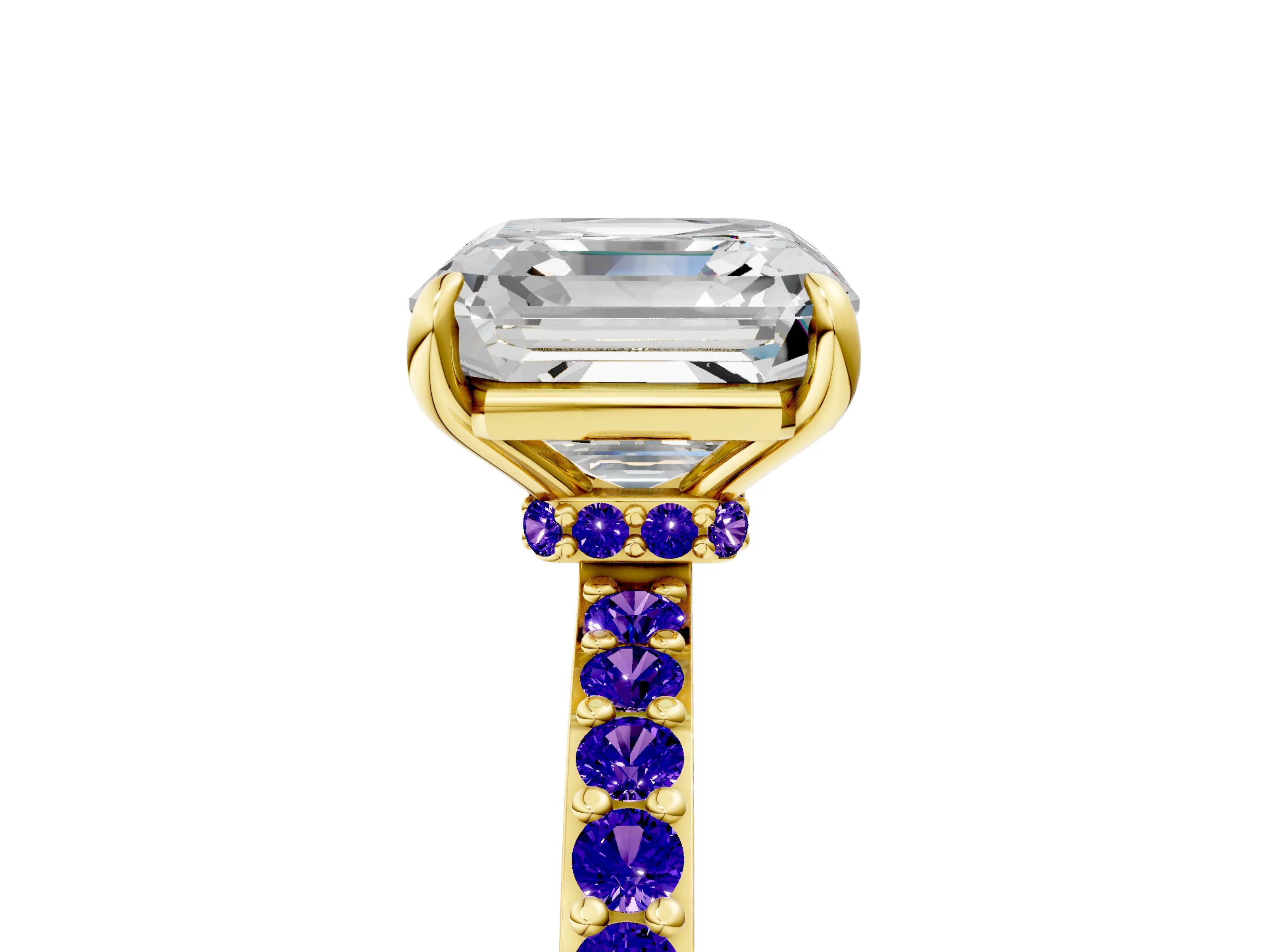 Yellow gold Asscher Cut Diamond Pavé Engagement Ring with Round with Tanzanite side stone Accents and Prong Setting_5