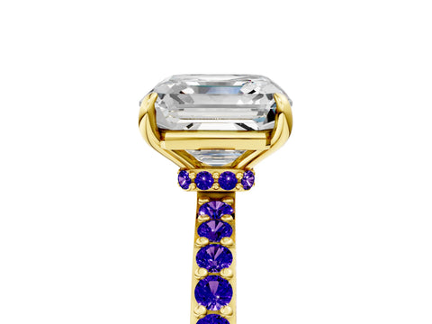 Yellow gold Asscher Cut Diamond Pavé Engagement Ring with Round with Tanzanite side stone Accents and Prong Setting_5