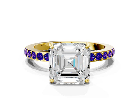 Yellow gold Asscher Cut Diamond Pavé Engagement Ring with Round with Tanzanite side stone Accents and Prong Setting