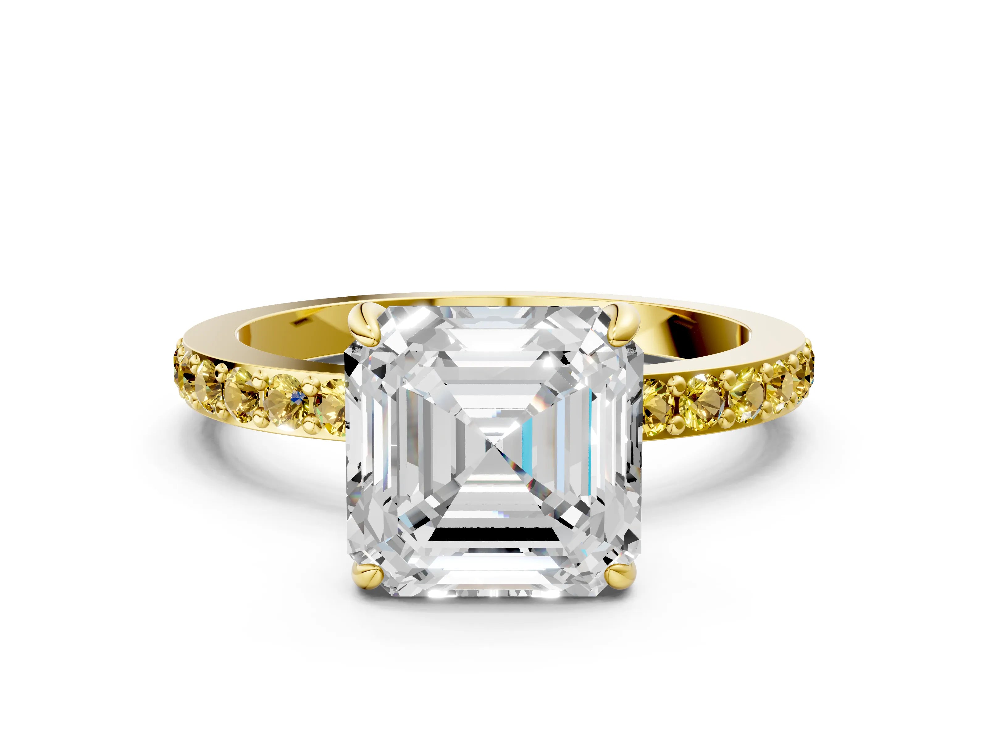 Yellow gold Asscher Cut Diamond Pavé Engagement Ring with Round with Yellow Sapphire side stone Accents and Prong Setting