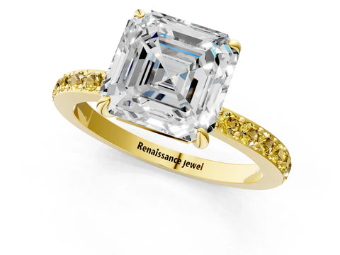 Yellow gold Asscher Cut Diamond Pavé Engagement Ring with Round with Yellow Sapphire side stone Accents and Prong Setting_1