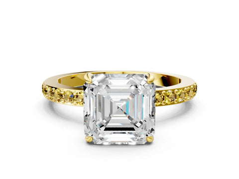 Yellow gold Asscher Cut Diamond Pavé Engagement Ring with Round with Yellow Sapphire side stone Accents and Prong Setting