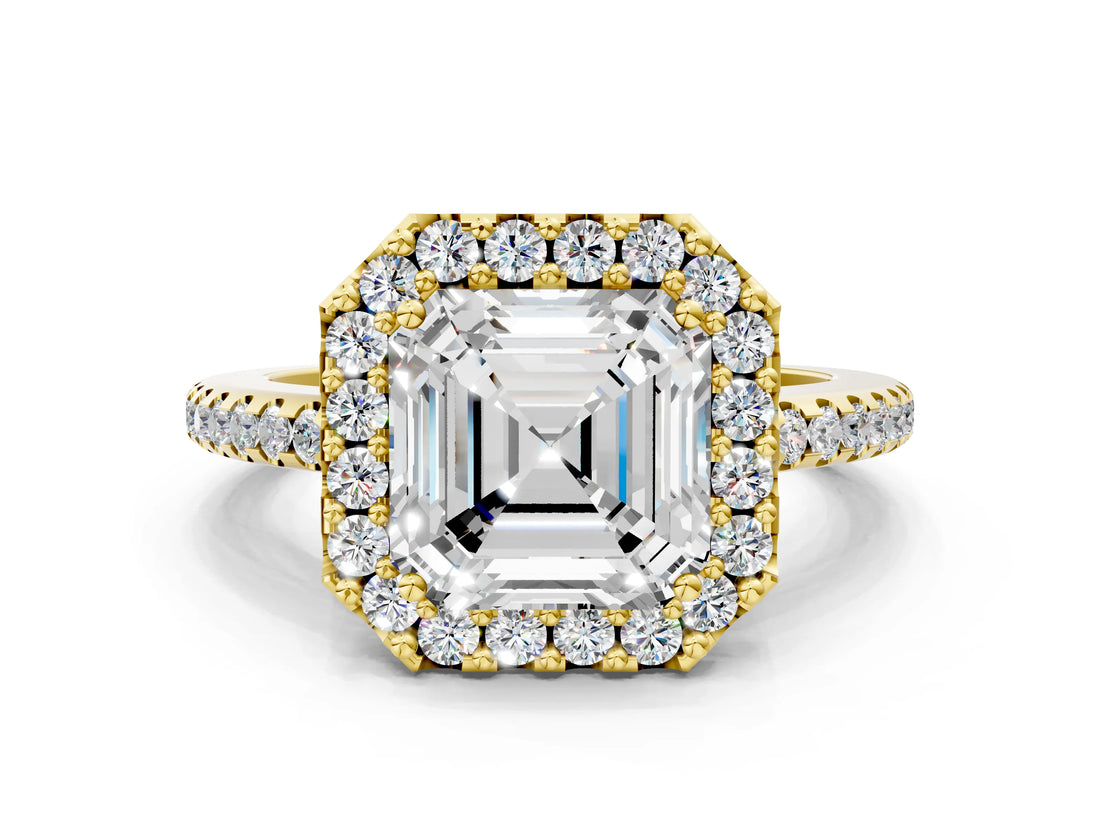 Yellow gold Asscher Cut Diamond Pavé Halo Ring with Four-Prong Setting_41
