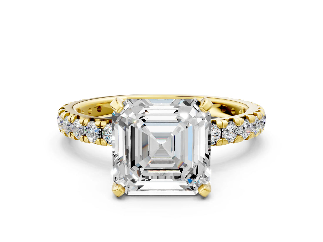 Yellow gold Asscher Cut Diamond Pavé Solitaire Ring with Round Band and Prong Setting_12