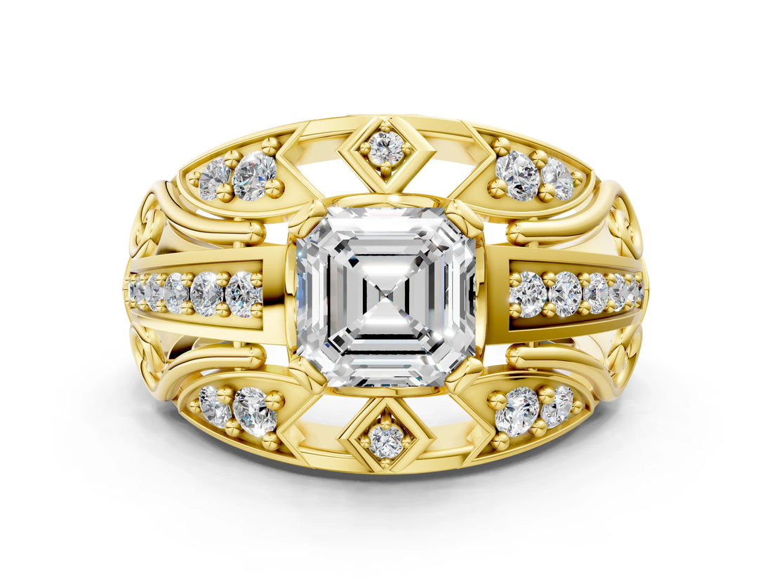 Yellow gold Asscher Cut Diamond Pave Art Deco Split Shank Ring with Four-Prong Setting_9