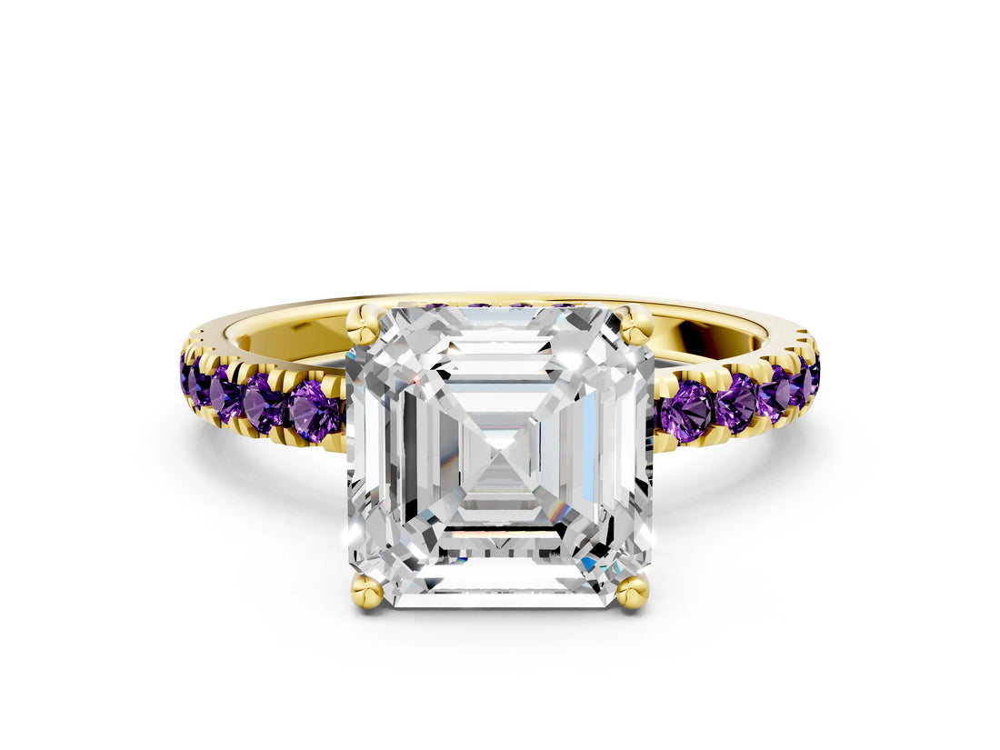 Yellow gold Asscher Cut Diamond Pave Band Solitaire Ring with Round with Amethyst side stone and Prong Setting