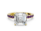 Yellow gold Asscher Cut Diamond Pave Band Solitaire Ring with Round with Amethyst side stone and Prong Setting
