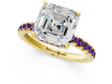 Yellow gold Asscher Cut Diamond Pave Band Solitaire Ring with Round with Amethyst side stone and Prong Setting_1