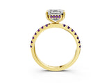 Yellow gold Asscher Cut Diamond Pave Band Solitaire Ring with Round with Amethyst side stone and Prong Setting_3