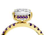 Yellow gold Asscher Cut Diamond Pave Band Solitaire Ring with Round with Amethyst side stone and Prong Setting_4