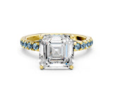 Yellow gold Asscher Cut Diamond Pave Band Solitaire Ring with Round with Aquamarine side stone and Prong Setting_12